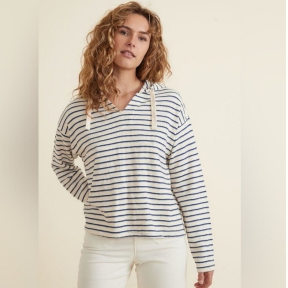Marine Layer Cream & Navy Striped V-Neck Hoodie Sweater